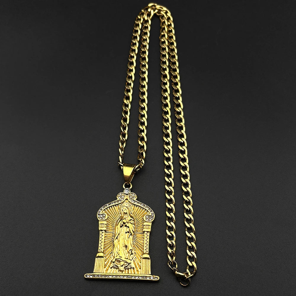 Catholic Virgin Mary Medal Rhinestones Pendant Necklace for Women Men Gold Color Stainless Steel Chain Amulet Jewelry Gift