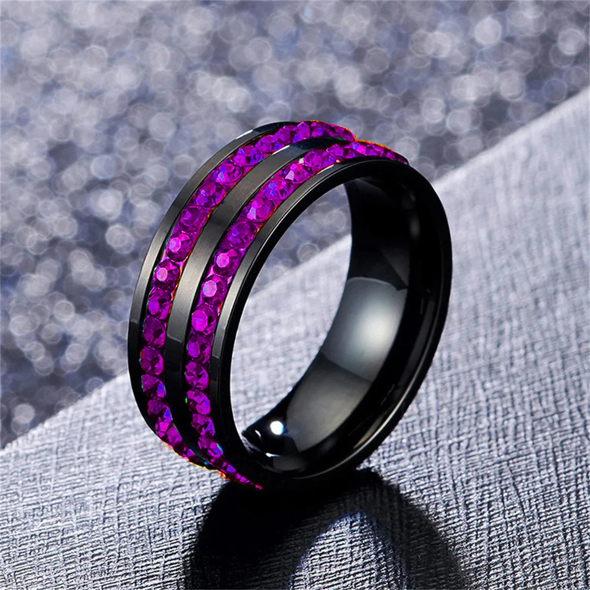 Fashion 8mm Double Row Rhinestone Stainless Steel Rings For Men Women Luxury Micro Paved CZ Crystal Rings Wedding Band Jewelry