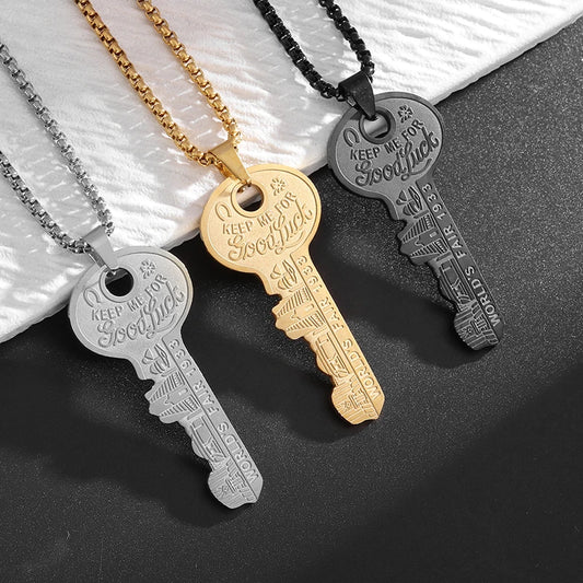 Retro Ethnic Style Engraved Letter Totem Key Pendant Necklace Men's Punk Trendy Cool Stainless Steel Jewelry
