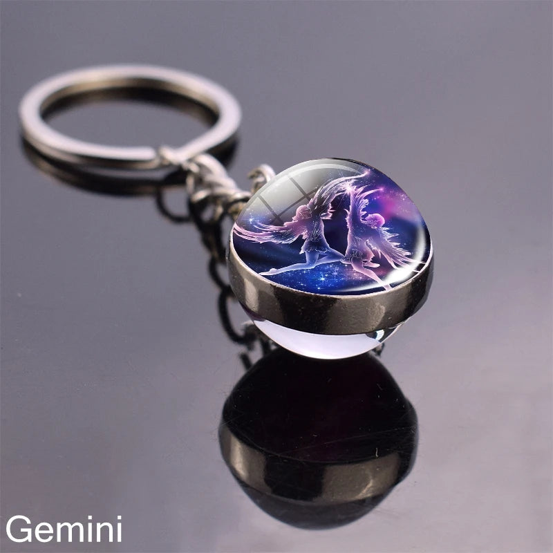 12 Zodiac Sign Keychain Sphere Ball Crystal Key Rings Scorpio Leo Aries Constellation Birthday Gift for Women and Mens Gemini