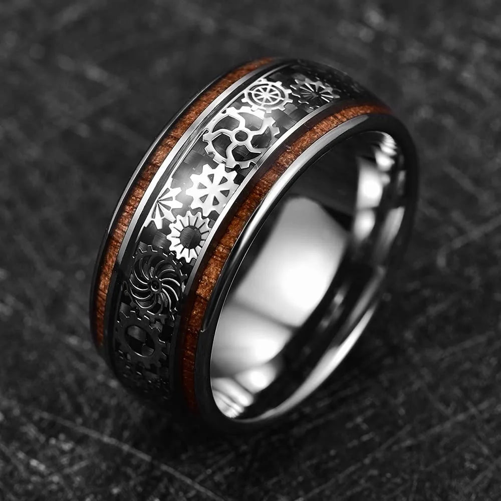 Hiphop Steampunk Men Black Stainless Steel Gear Wheel Rings Koa Wood Inlay Black Carbon Fiber Rings for Men Rock Biker Jewelry