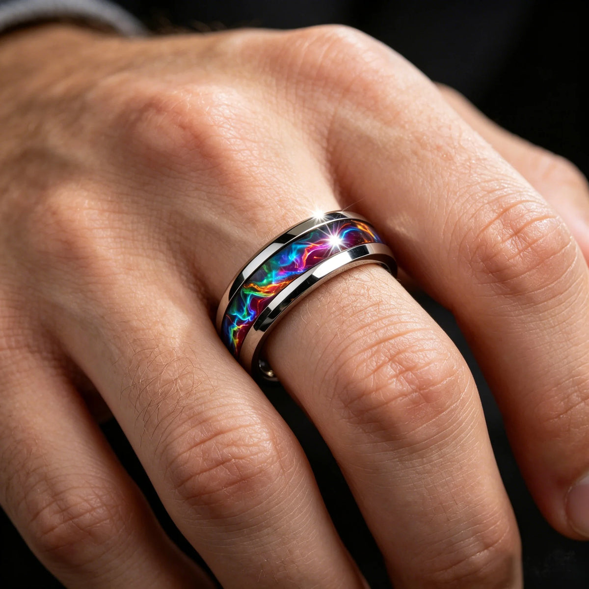 New Fashion Men's Colorful Aurora Galaxy Stainless Steel Ring, Polished Black Band, Punk Biker Jewelry, Cool Male Finger Ring