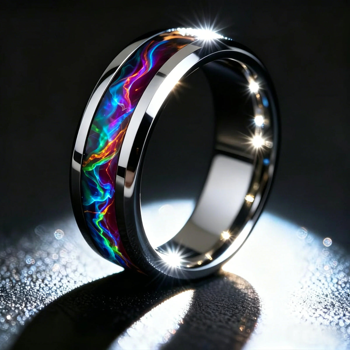 Men's Green Aurora Nebula Stainless Steel Ring, Silver Color Polished with Malachite Inlay, Punk Biker Jewelry Gift for Him