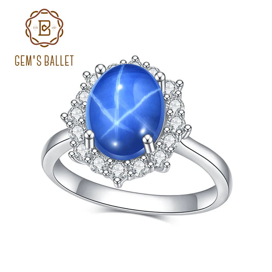 GEM'S BALLET Gemstone Cocktail Ring Lab Blue Lindy Star Sapphire Halo Engagement Rings in 925 Sterling Silver Gift For Her