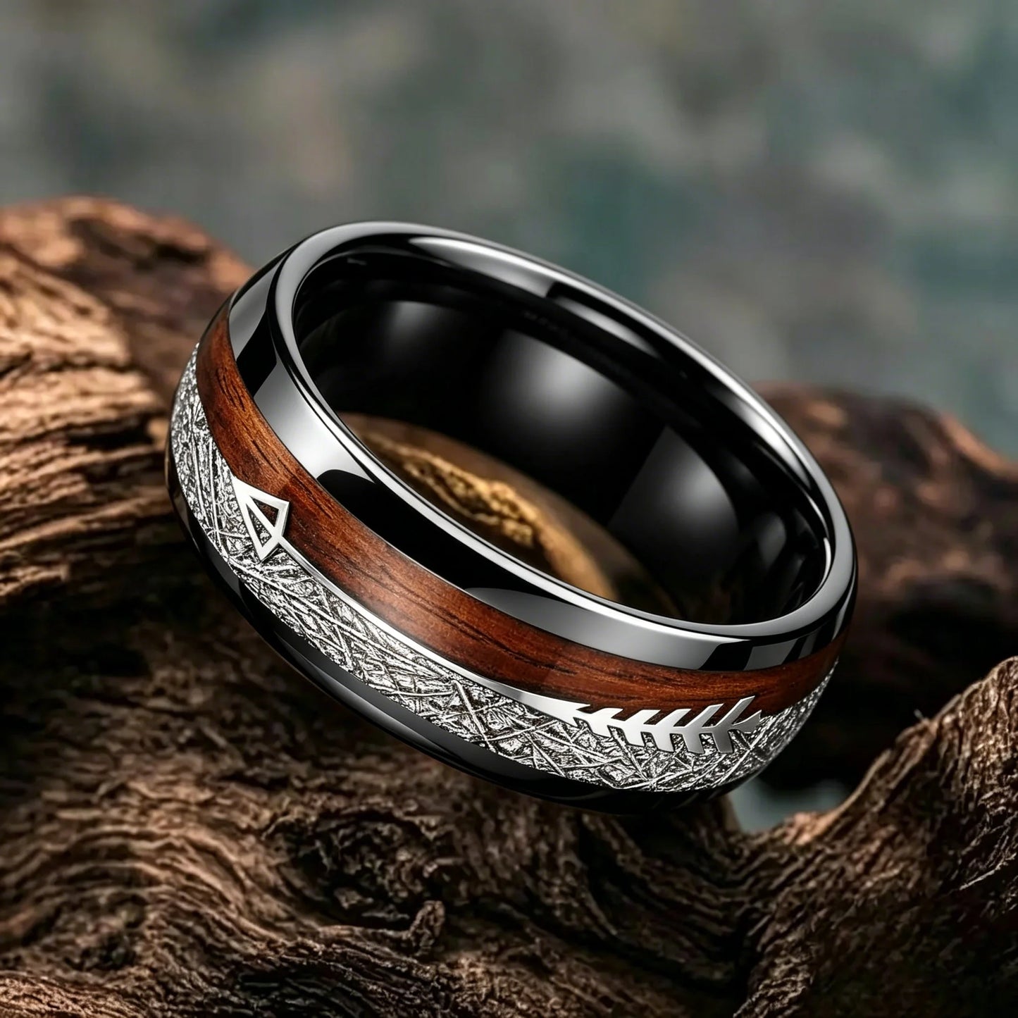 Fashion 8mm Black Stainless Steel Arrow Rings For Men Inlay Meteorite Hawaiian Koa Wood Rings Men Wedding Band Jewelry Wholesale