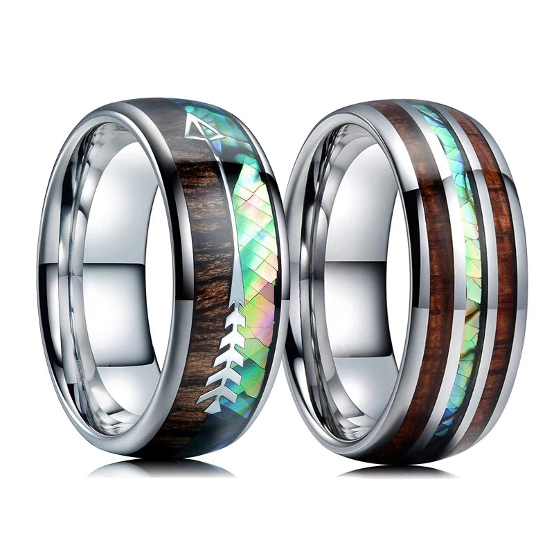 Fashion 8mm Black Titanium Steel Rings For Men Inlay Red Opal and Colorful Abalone Shell Ring Men's Wedding Band Jewelry Gifts