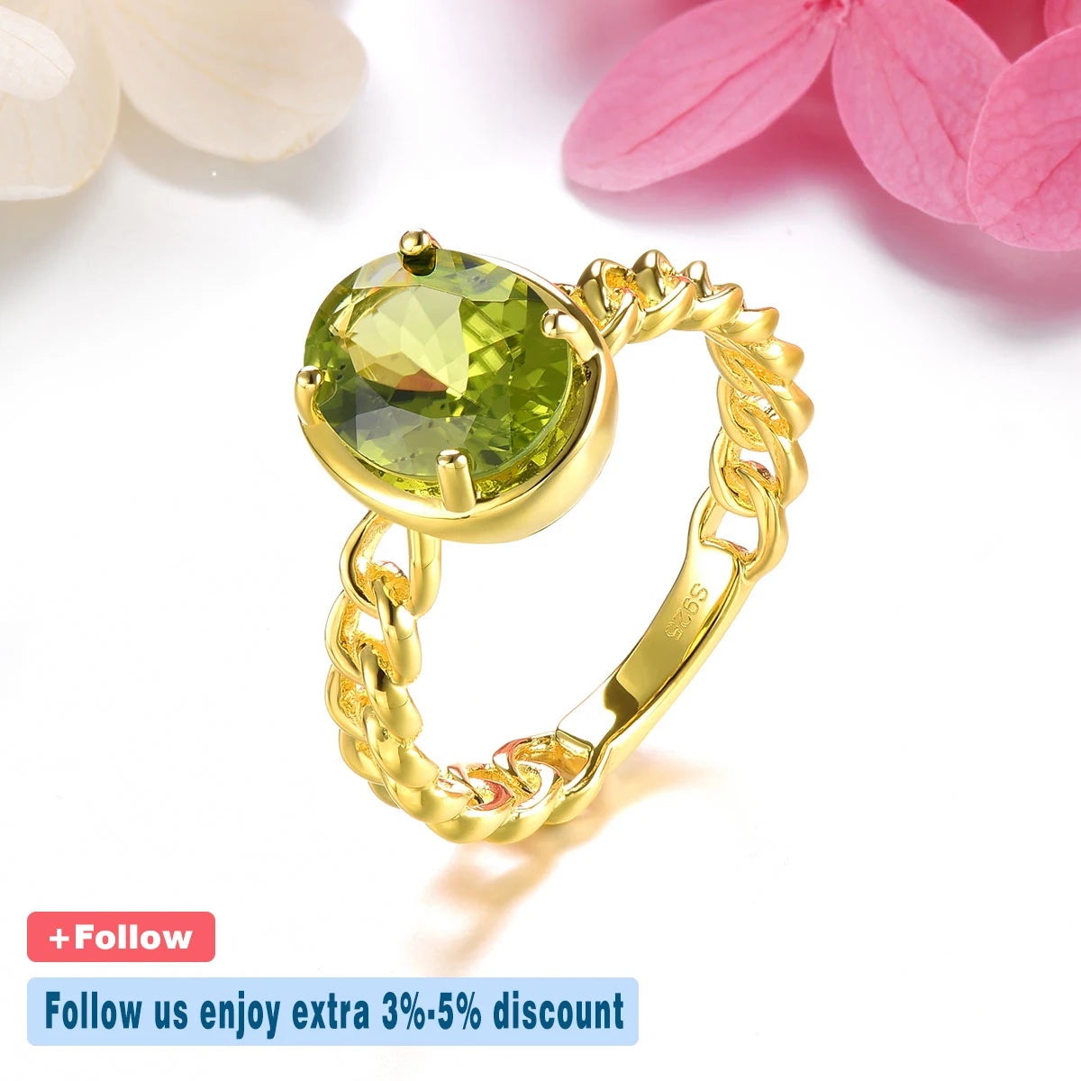 Natural Peridot Silver Rings 2.6 Carats Genuine Birthstone Yellow Gold Plated Women Classic Luxury Wedding Rings Top Quality