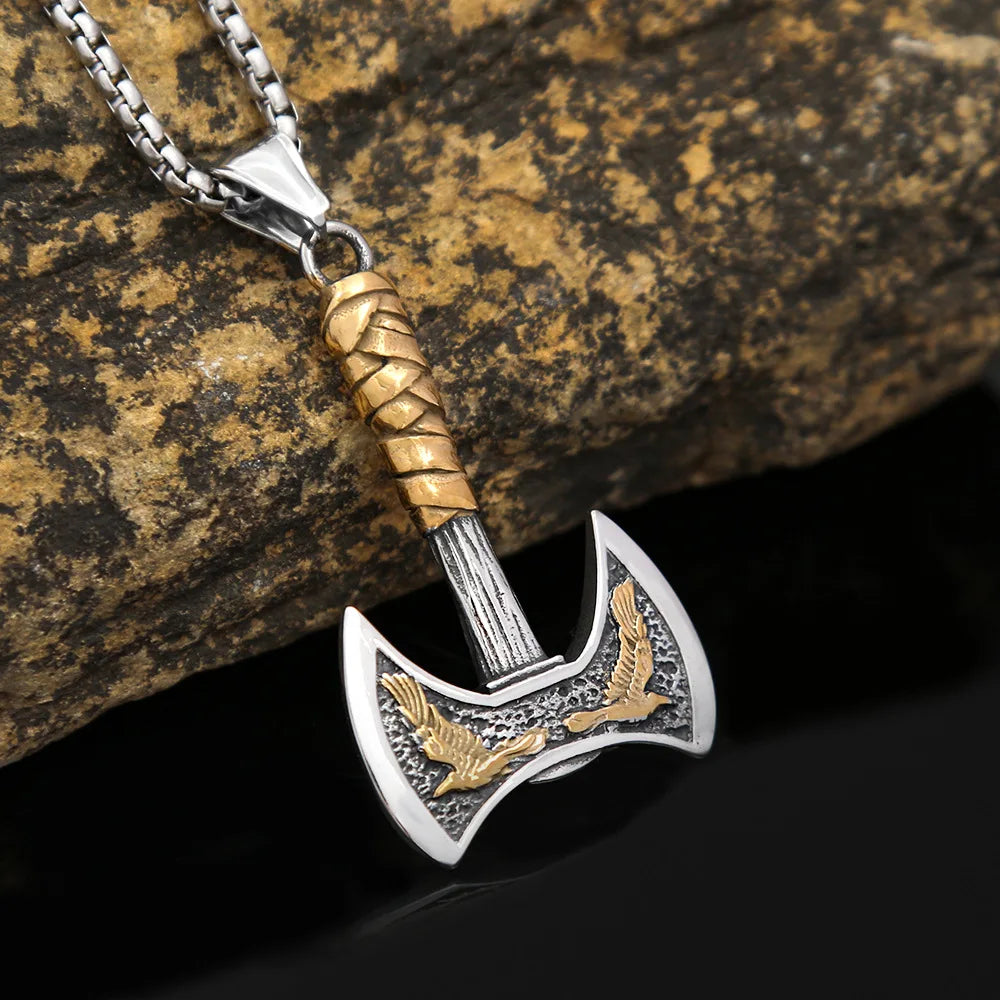 Stainless Steel Men's Viking Axe Pendant Chain Never Fading Nordic Double Eagle Necklace Amulet Jewelry Accessories