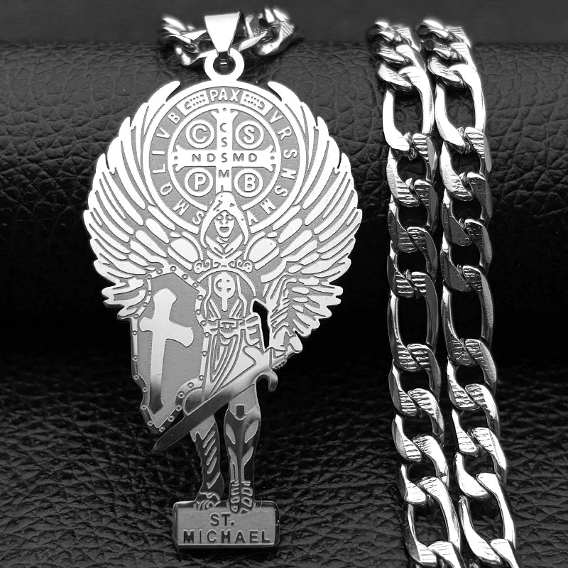 Archangel Saint Michael Stainless Steel Cross Necklace for Women Men Gold Color Benedict Pendant Necklaces Amulet Jewelry