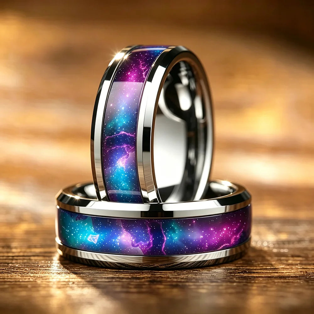 8mm Cosmic Starry Sky Stainless Steel Men Ring, Futuristic Design with Colorful Nebula Pattern Rings , Wedding Band Jewelry