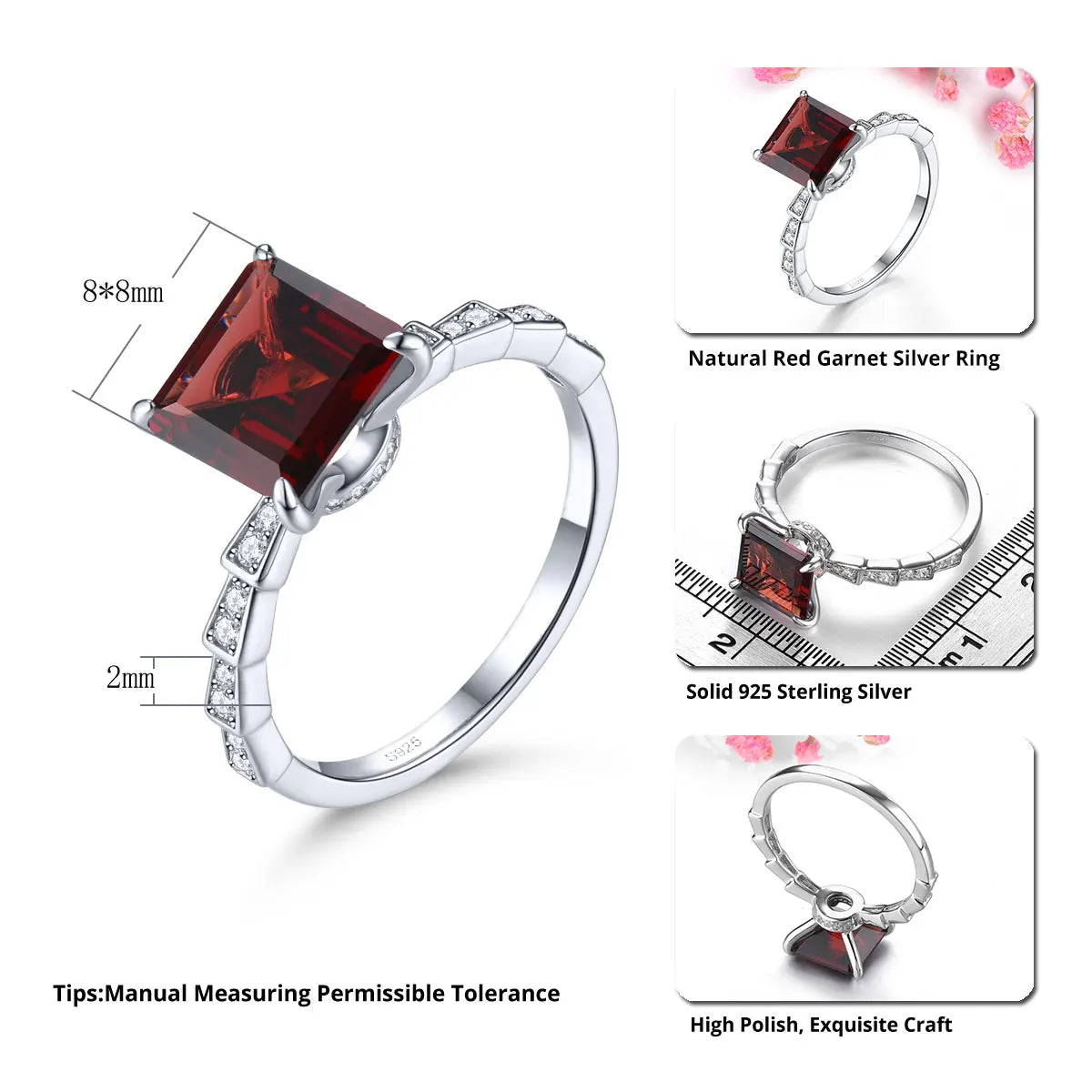 Natural Red Garnet Sterling Silver S925 Rings 1 Carat Genuine Gemstone Classic Simple Design Daily Style Fine Jewelry Gifts