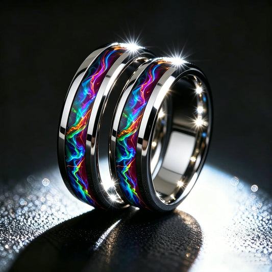New Fashion Men's Colorful Aurora Galaxy Stainless Steel Ring, Polished Black Band, Punk Biker Jewelry, Cool Male Finger Ring