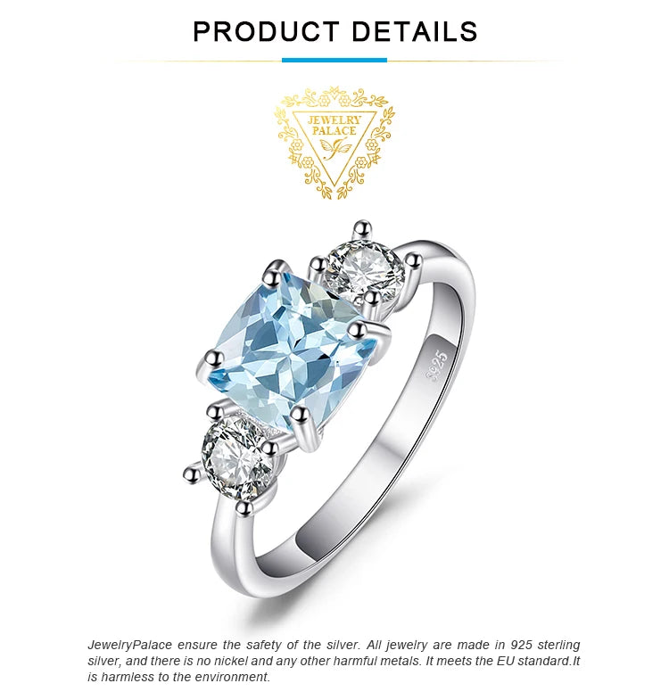 JewelryPalace 1.9ct Square Natural Sky Blue Topaz 925 Sterling Silver 3 Stone Ring for Women Gemstone Jewelry Wedding Gifts