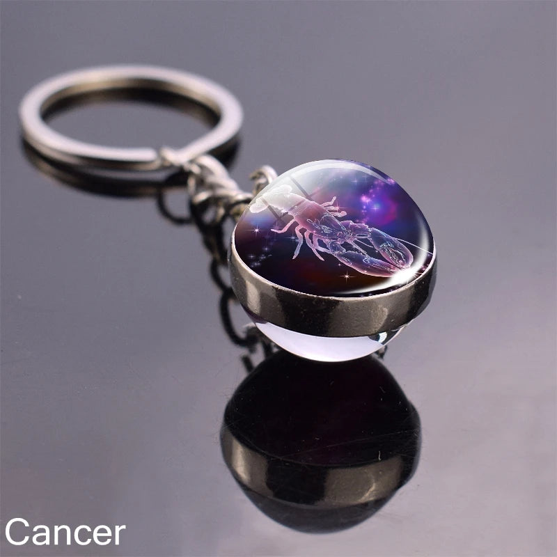 12 Zodiac Sign Keychain Sphere Ball Crystal Key Rings Scorpio Leo Aries Constellation Birthday Gift for Women and Mens Cancer 1