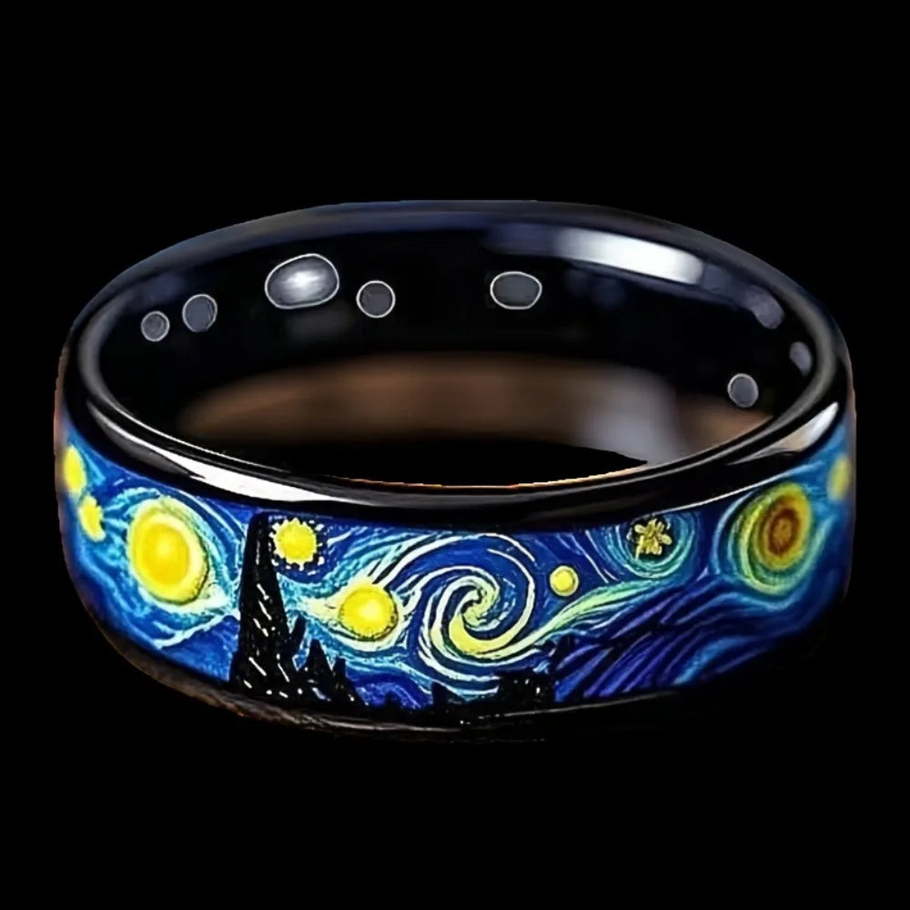 Unique Starry Night Pattern Men's Black Ring Personality Women Wedding Band Jewelry Unisex Party Accessories Wholesale