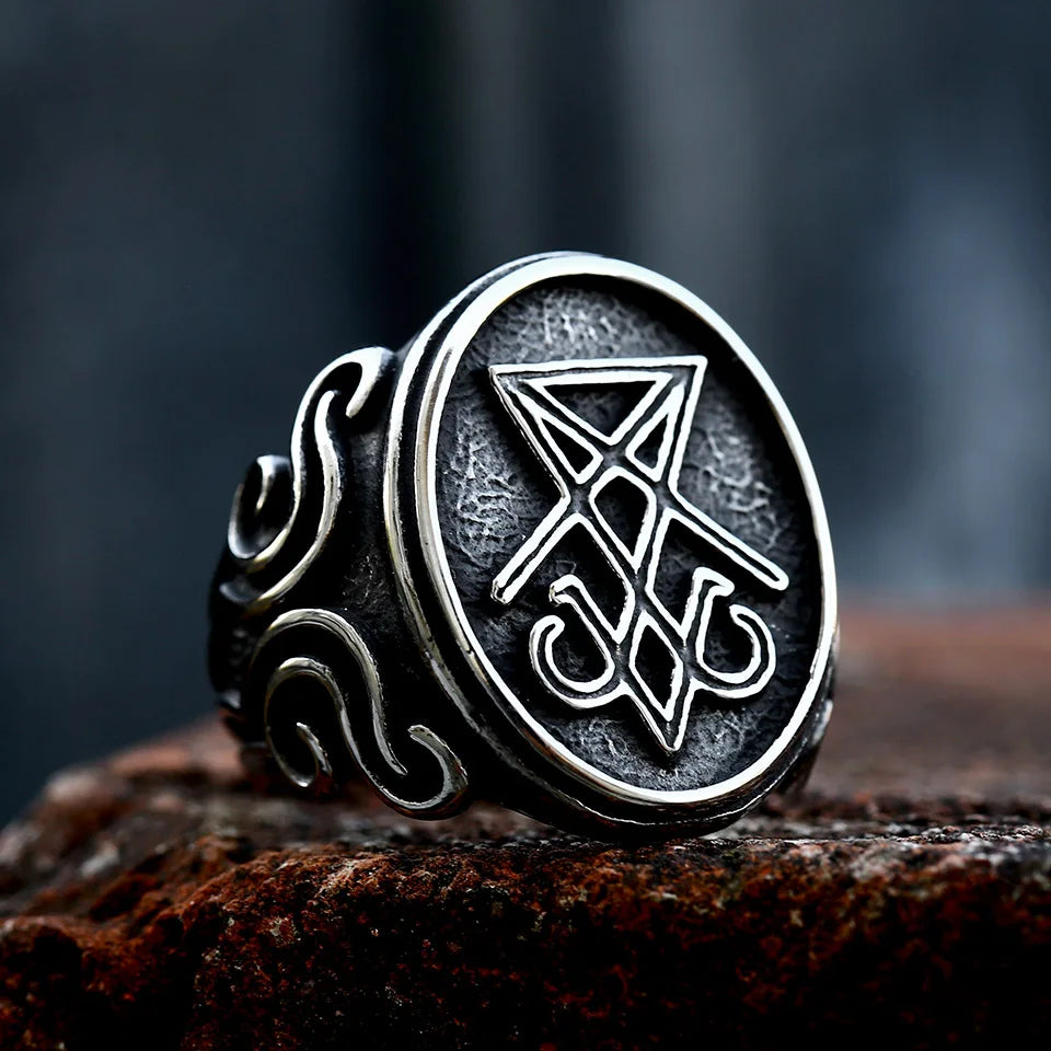 BEIER 2022 - Anillo con sello vintage de Lucifer y Satanás, diseño actualizado, estilo gótico, amuleto, brujería, wicca, joyería al por mayor