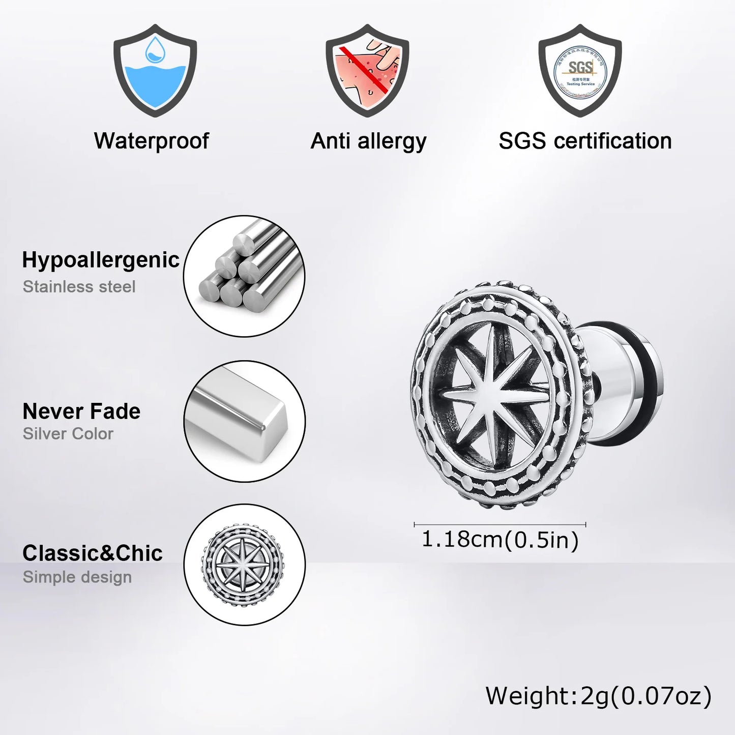 Vintage Men's Compass Stud Earrings,Stainless Steel Eight-pointed Star Round Metal Stud Earrings,Trendy Classic Jewelry Gifts