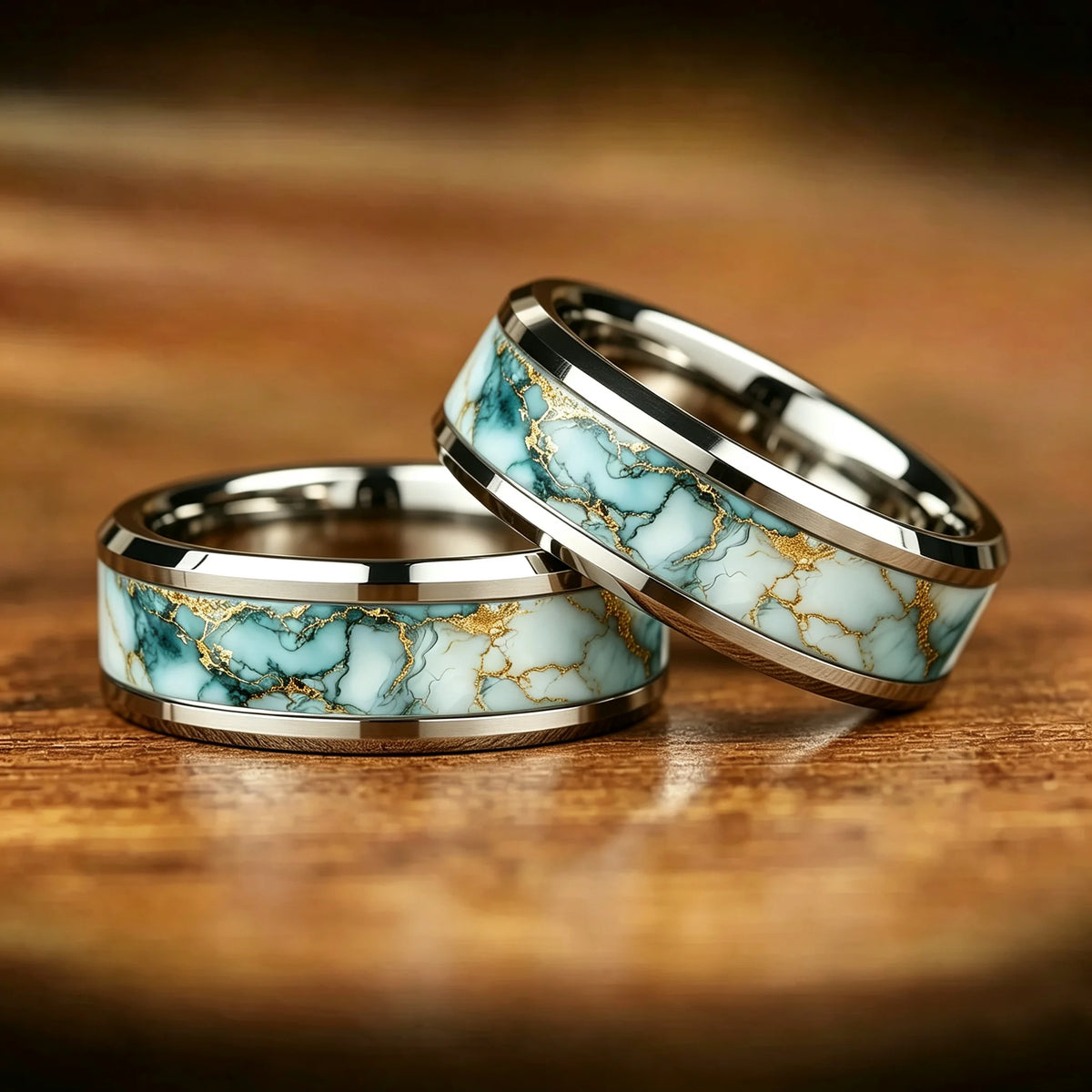 Wholesale With Sky Blue Marble Turquoise Inlay Ring Stainless Steel Rings for Men Women Wedding Band Jewelry Birthday Gift