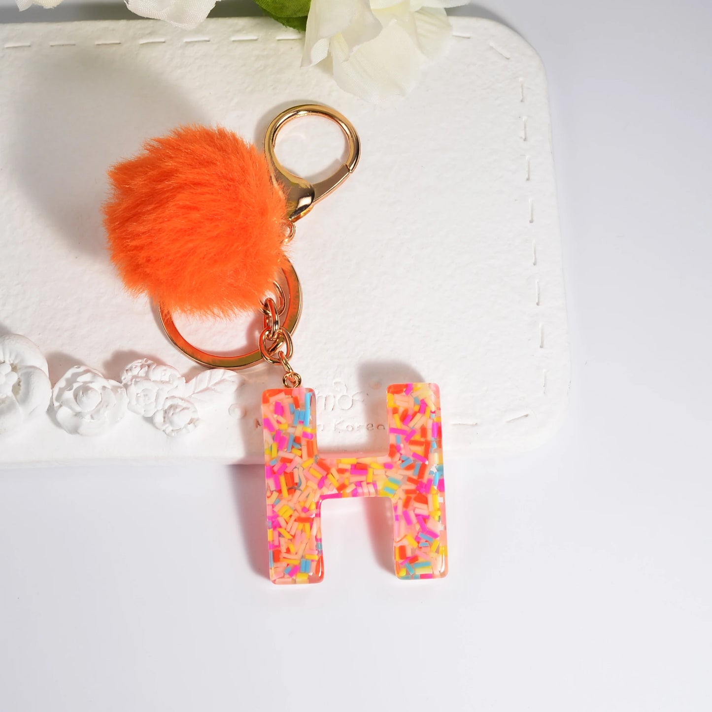 New Orange Stripe Filled Initial Letter Keychain With Orange Pom-Pom Women Girls Sweet Bag Purse Charm A-Z 26 Letters Pendant SKC-Y05-H CHINA