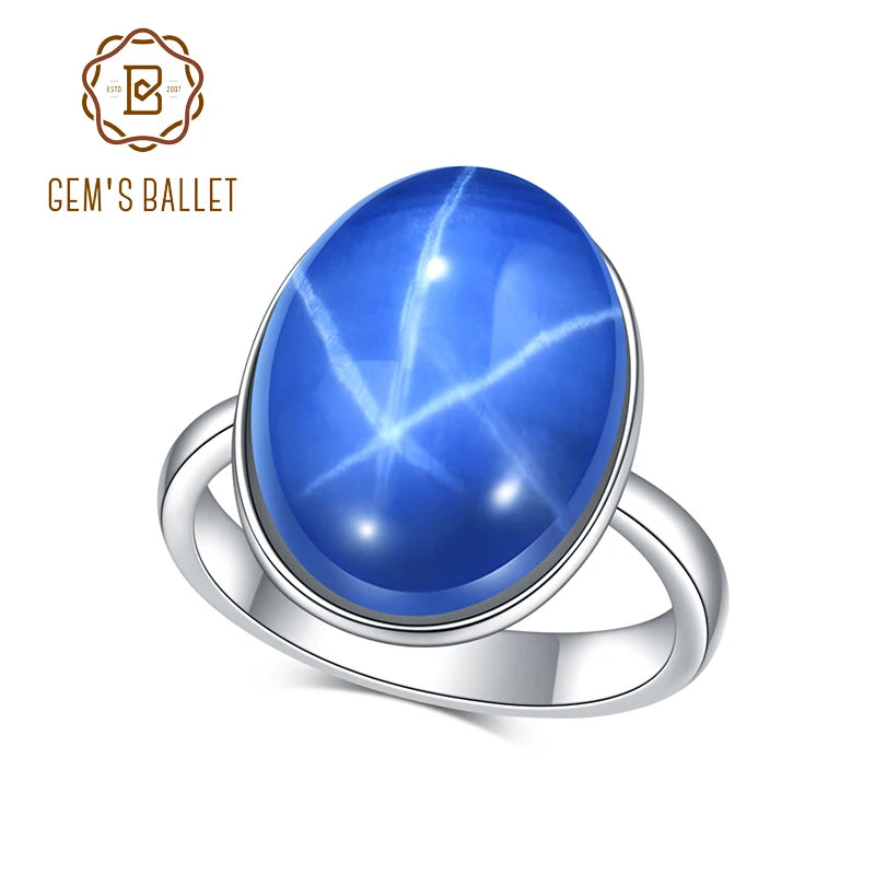 GEM'S BALLET Stunning Gemstone Cocktail Ring OV 12x16mm Lab Blue Lindy Star Sapphire Rings in 925 Sterling Silver Gift For Her