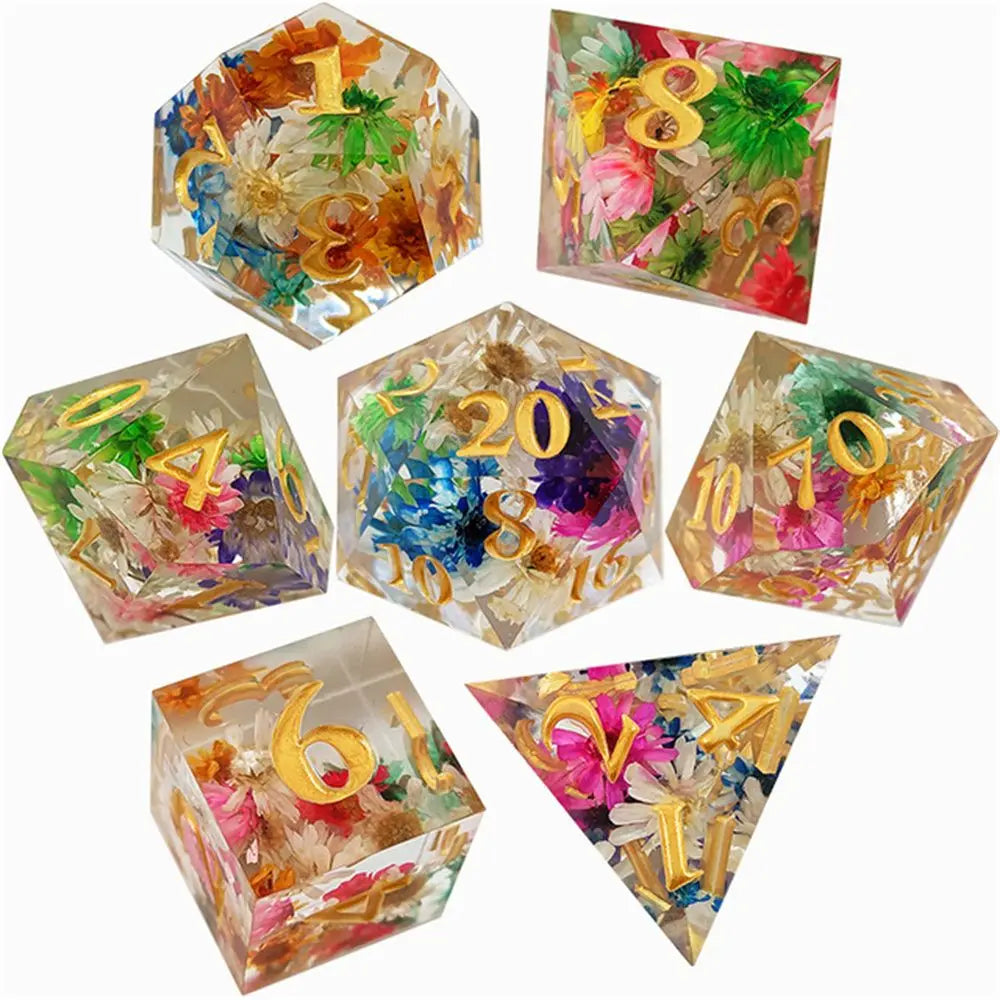 7Pcs Polyhedral Dice Set Transparent Flowers Design Resin Dices Hot Party Table Games Accessories D6 D8 D10 D12 D20 For D&d DND B22