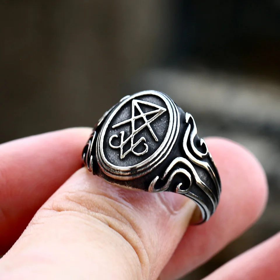 BEIER 2022 - Anillo con sello vintage de Lucifer y Satanás, diseño actualizado, estilo gótico, amuleto, brujería, wicca, joyería al por mayor