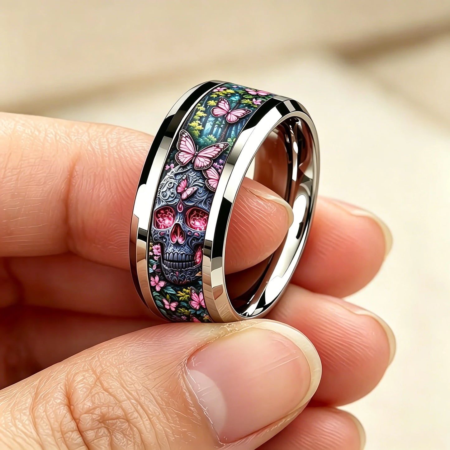 Vintage Gothic Punk Sugar Skull Pink Butterfly Dark Forest Floral Stainless Steel Ring Halloween Aesthetic Wedding Band Jewelry