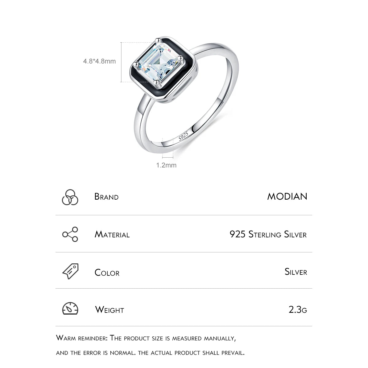 MODIAN 925 Sterling Silver Fashion Black Enamel Finger Ring Clear Square CZ Ring For Women Engagement Wedding Fine Jewelry