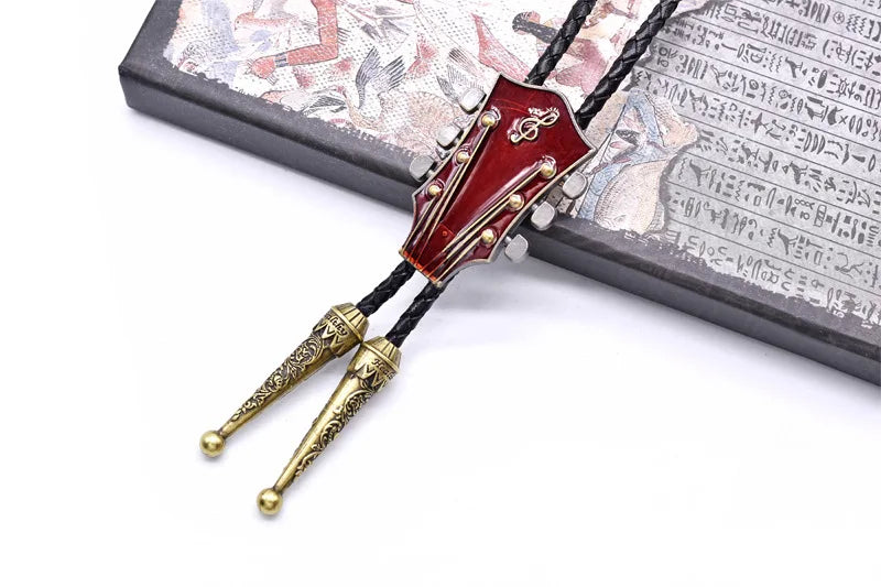 Popular guitar instrument genuine leather polo tie pendant necklace,adjustable,oil dripping technique,gift for music enthusiasts