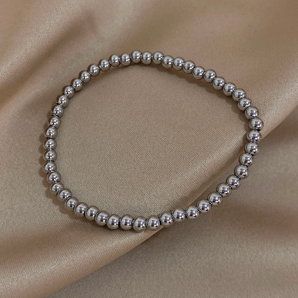 Greatera 3/4mm Stainless Steel Beads Elastic Bracelets for Women Gold Plated Tricolor Beaded Chain Bracelet Waterproof Jewelry