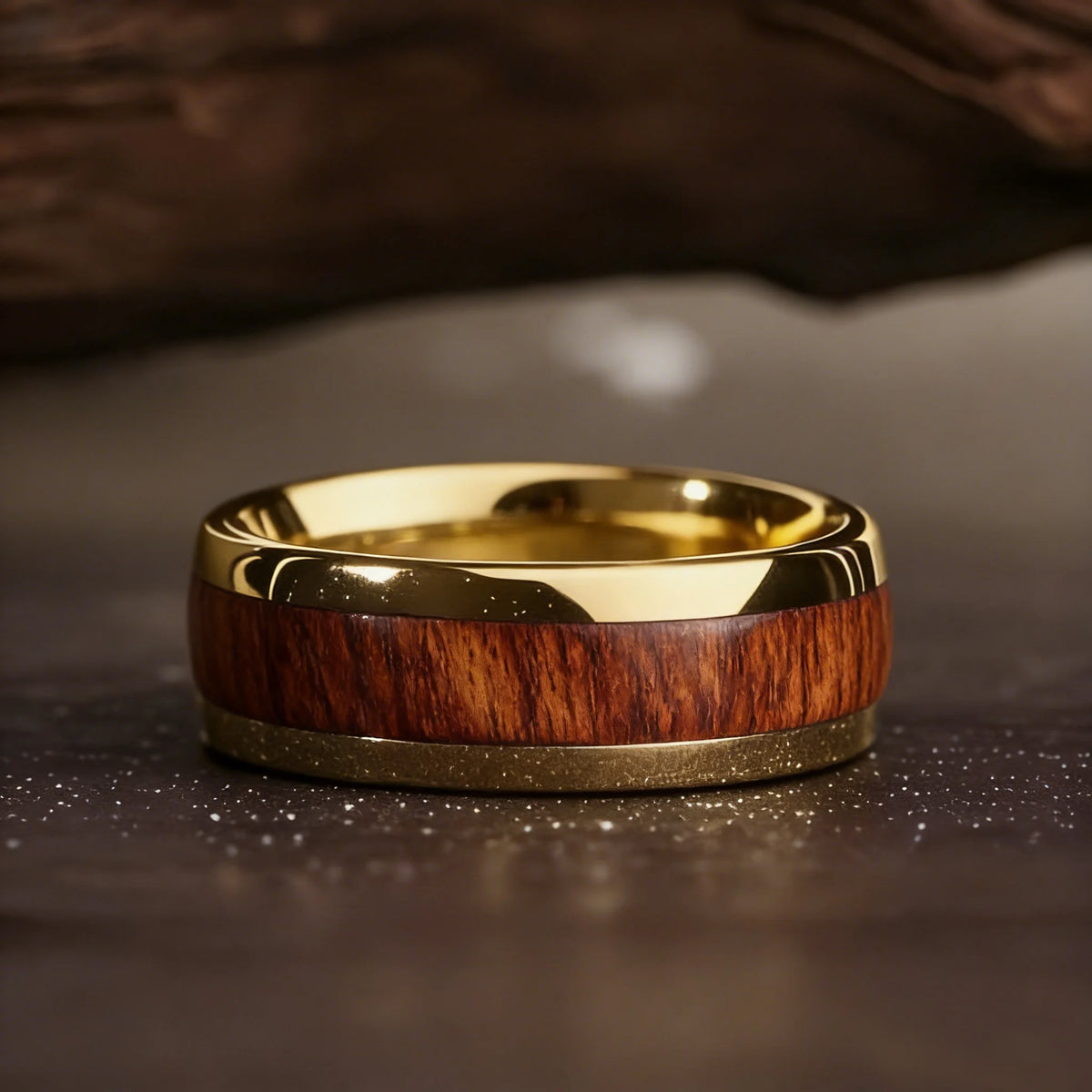 Fashion Koa Wood Inlay Rings 8MM Gold Color Men Stainless Steel Rings For Men Women Domed Wedding Engagement Jewelry Gift