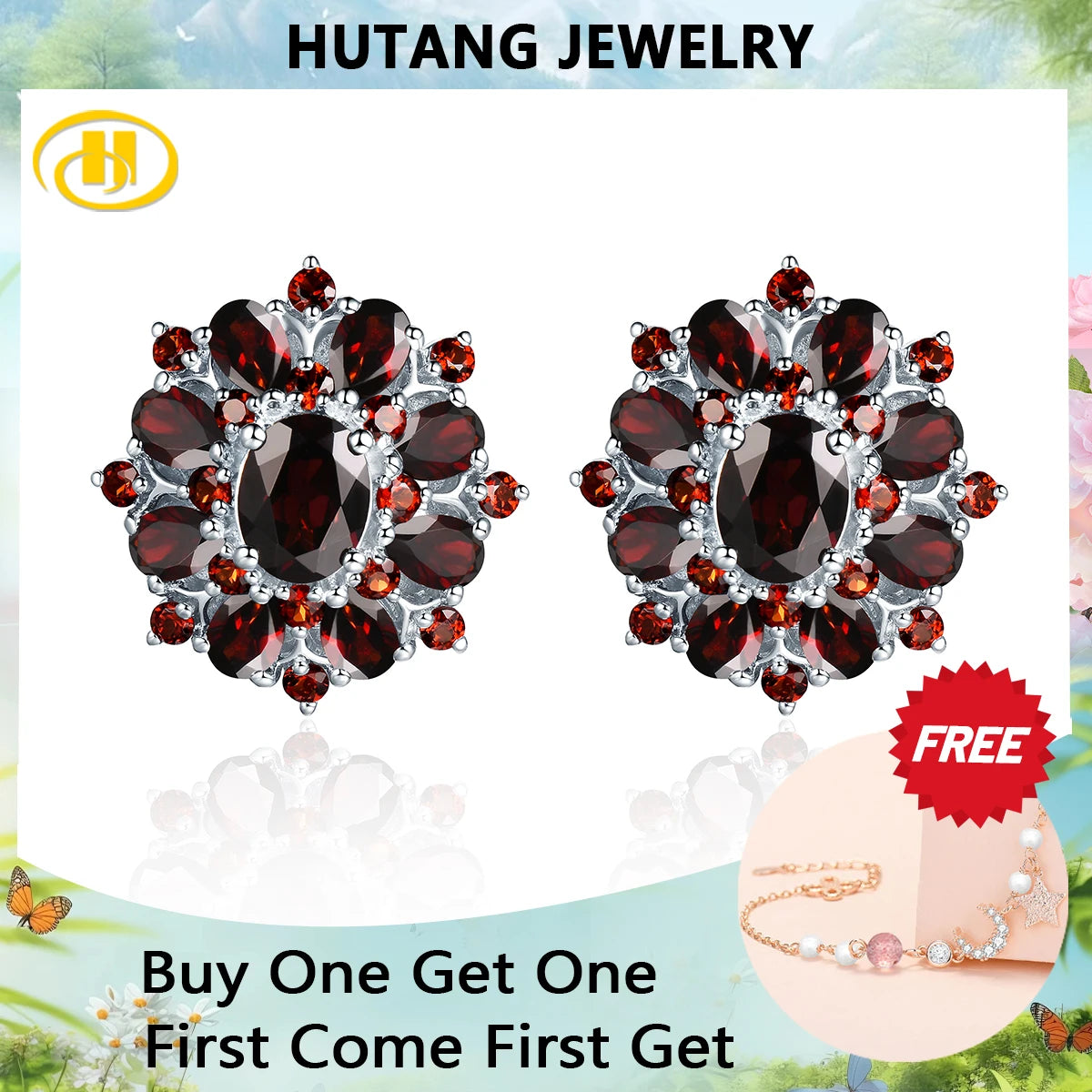 Hutang 15 Carats Garnet Silver Earrings Natural Gemstone 925 Sterling Silver Fine Jewelry for Women, Gift for Christmas Default Title