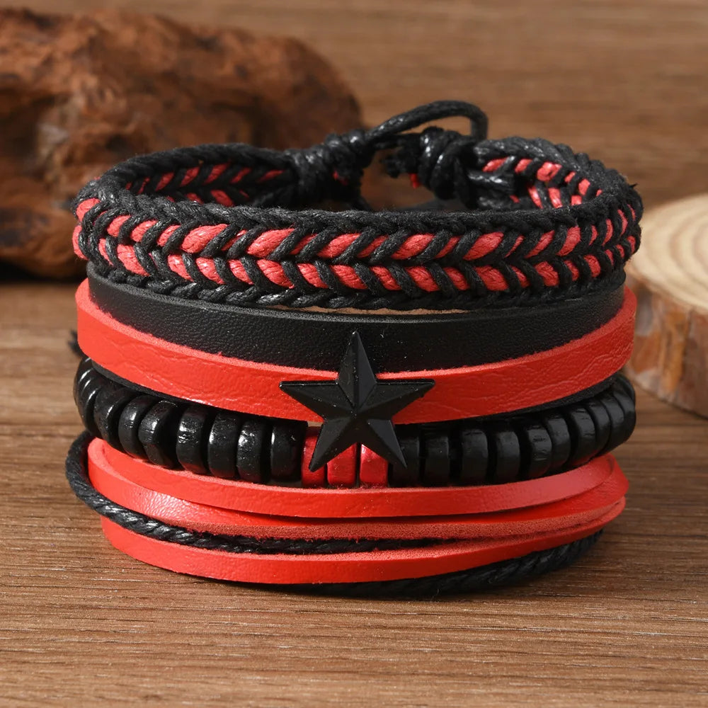 Red Beads Vintage Feather Casual 4 Pc/set Handmade Men Bracelets Male Women Leather Bracelets Men Bangle Wholesale Jewelry Gift