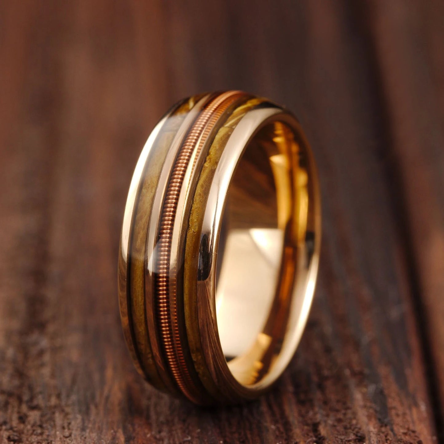 Fashion 8mm Black Stainless Steel Guitar String Rings for Men Whiskey Barrel Wood Inlay Guitarist Ring Men Wedding Band Jewelry