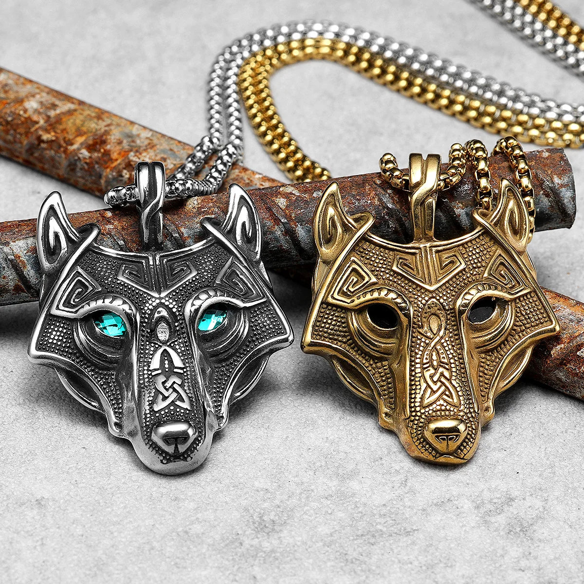 Viking Wolf Gemstone Men Necklaces With Pendant Stainless Steel Jewelry For Male Women Punk Hip Hop Accessories Gifts Wholesale