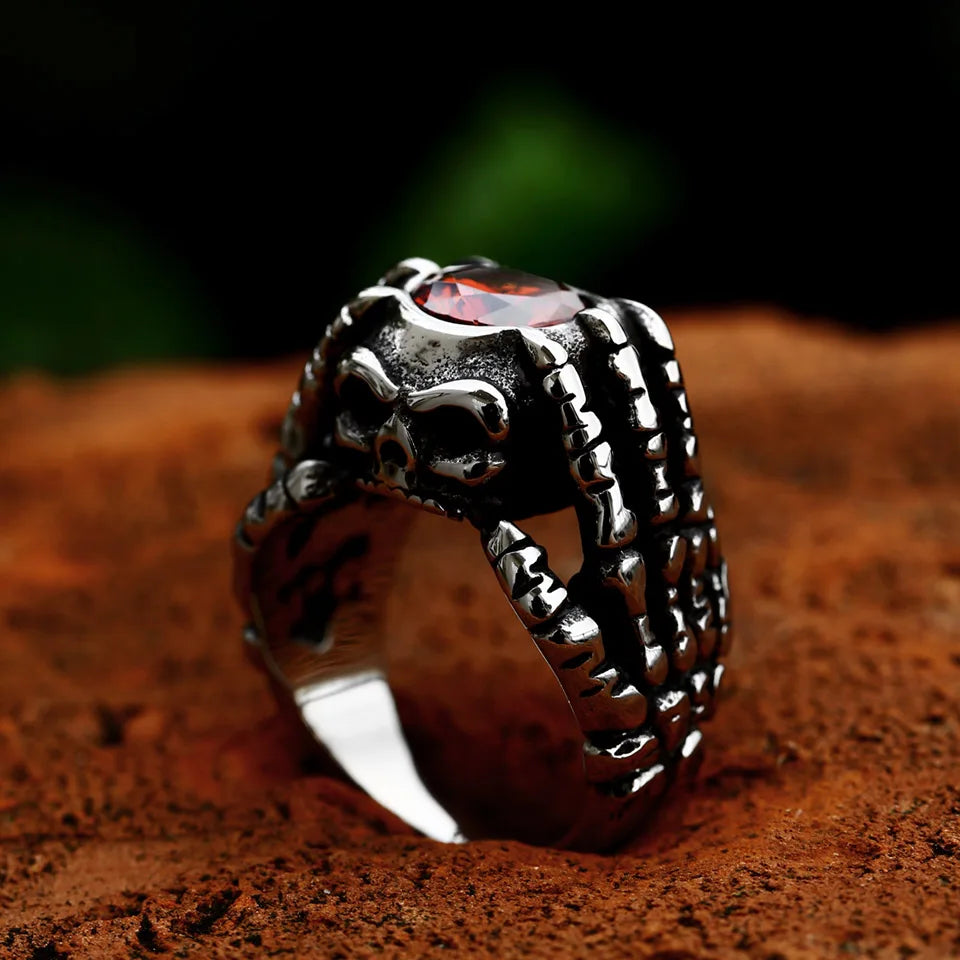 BEIER 2023 Updated 316L Stainless Steel  Skull Hand Bones Ring Paw Ring With Red Stone Punk Biker Jewelry Wholesale Gift
