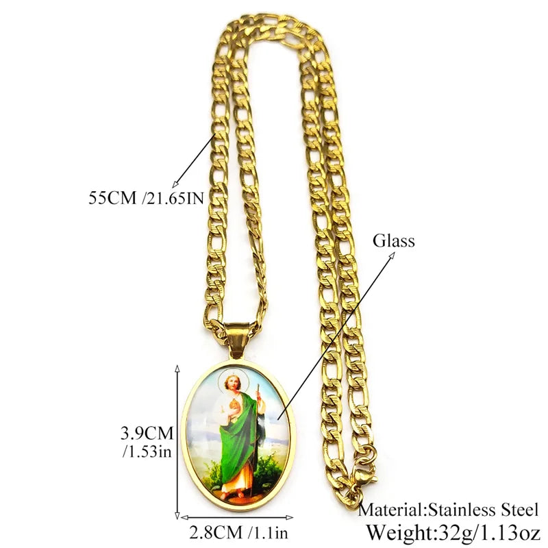San Judas Tadeo Medal Pendant Necklace for Women Men Stainless Steel Gold Color Saints Apostle of Jesus Amulet Faith Jewelry