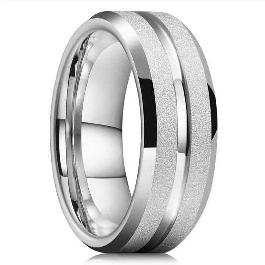 Trendy 8mm Men Frosted Stainless Steel Rings Silver Color Brushed Groove Beveled Edge Engagement Rings For Men Wedding Jewelry