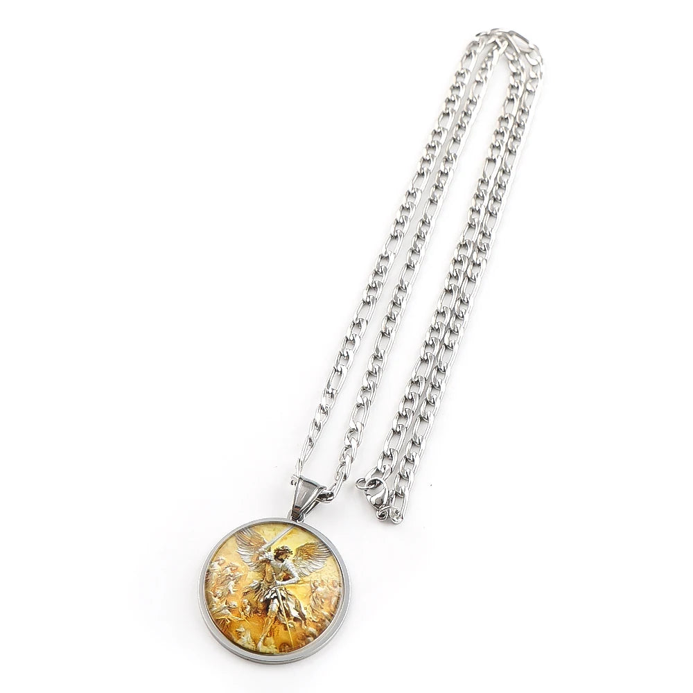 Archangel SAINT MICHAEL PROTECT US Glass Cabochon Medal Pendant Necklace Stainless Steel Gold Plated Christian Amulet Jewelry