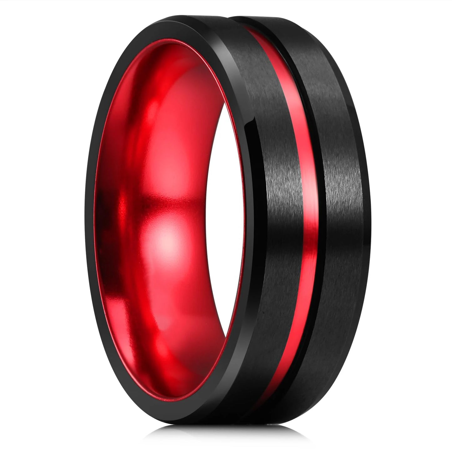 2023 Simple 8mm Red Stainless Steel Rings For Men Women Red Matte Finish Beveled Polished Edge Men Rings Wedding Band Jewelry