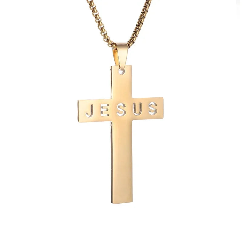 Stainless Steel Cross Letter Pendant Christian Savior Jesus Necklace Men and Women Religious Prayer Amulet Jewelry