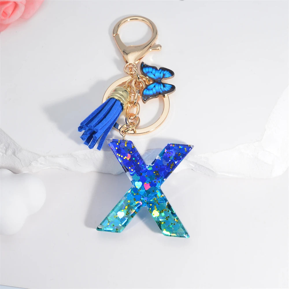 Sea Blue A To Z 26 Letter Keychain Women Wallet Charms 26 Initials Alphabet Butterfly Tassel Pendant With Key Rings Jewelry Gift X 55mm