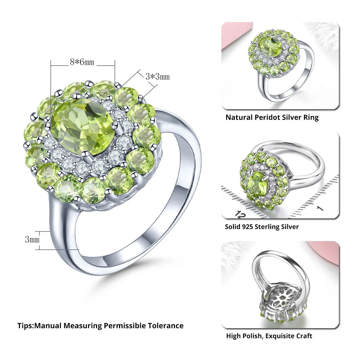 Natural Peridot Sterling Silver Rings 3.2 Carats Genuine Gemstone Birthstone Elegant Romantic Style Fine Jewelrys Christmas Gift