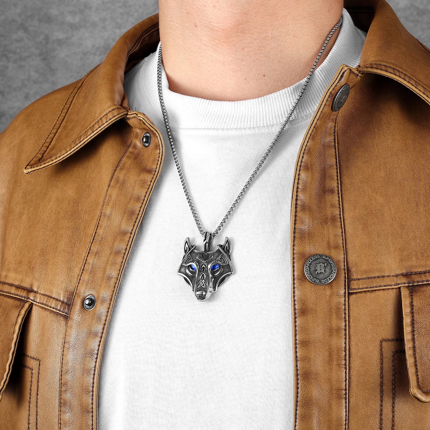 Viking Wolf Gemstone Men Necklaces With Pendant Stainless Steel Jewelry For Male Women Punk Hip Hop Accessories Gifts Wholesale