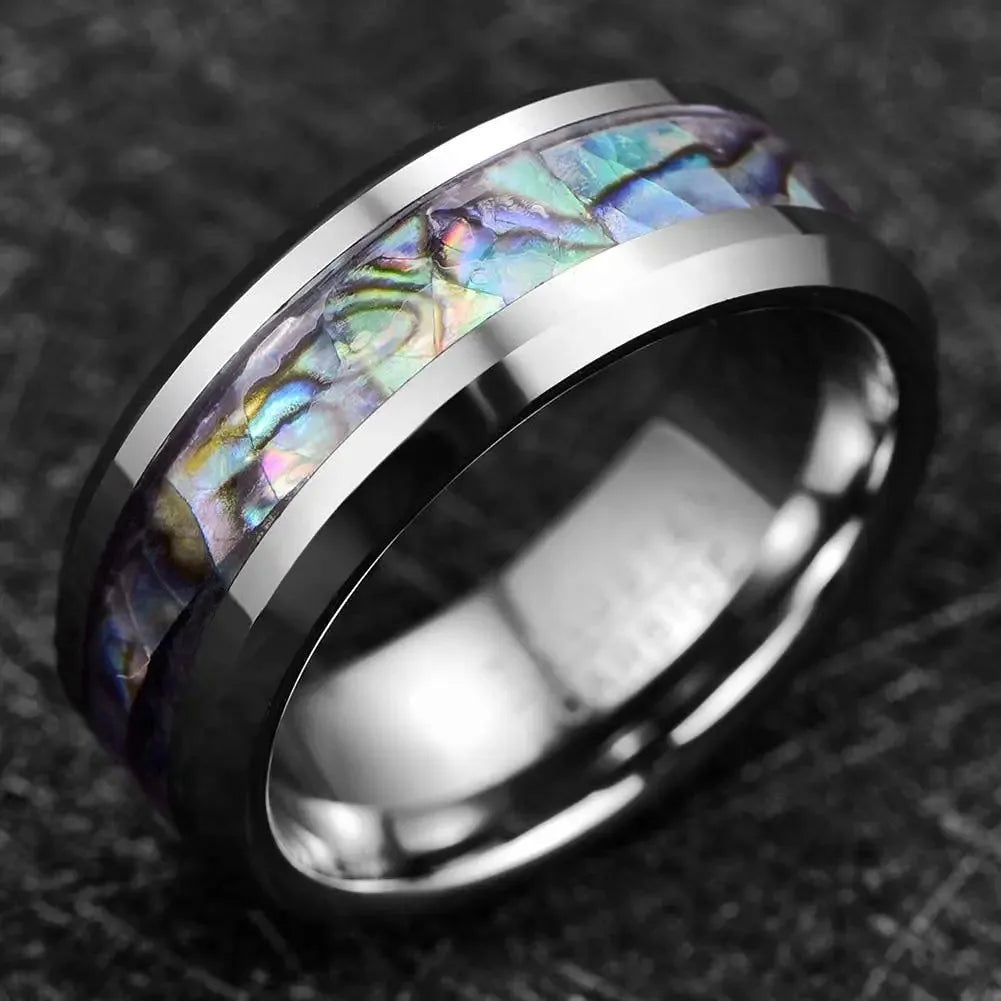 Fashion 8mm Men Silver Color Stainless Steel Rings Inlay Rainbow Abalone Shell Rings For Men Women Wedding Band Jewelry Gifts