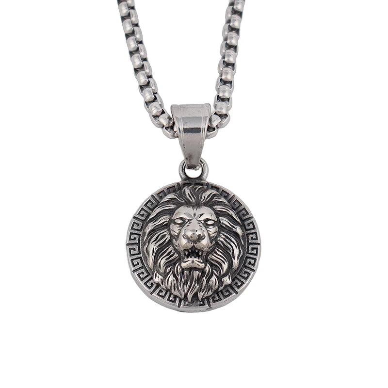 Wolf & Lion Pendant Necklace with Norse Runes Vintage Style Viking Tribal Chain for Men, Punk Biker Stainless Steel Jewelry Gift