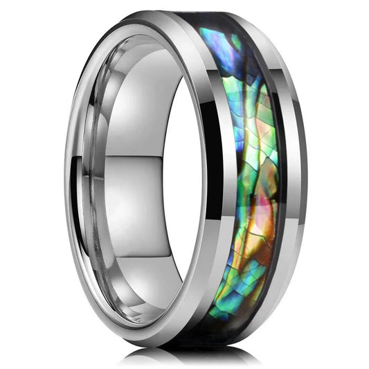 Fashion 8mm Men Silver Color Stainless Steel Rings Inlay Rainbow Abalone Shell Rings For Men Women Wedding Band Jewelry Gifts
