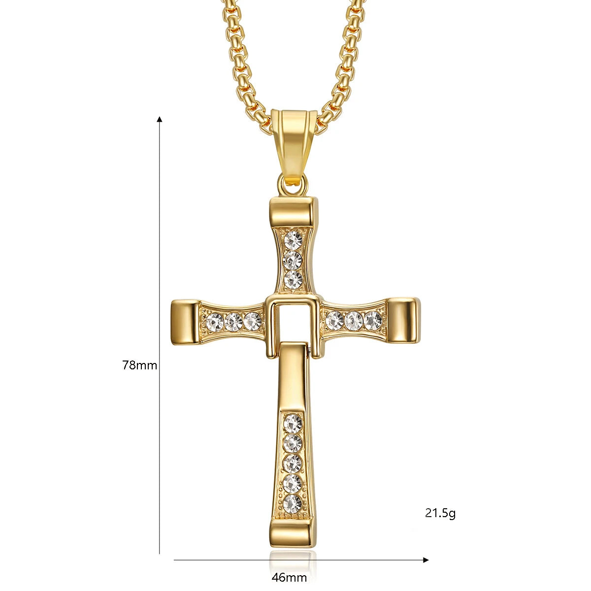 Hip Hop Stainless Steel Gold Crystal Cross Cubic Zirconia Pendant Necklace Gift Square Pearl Chain