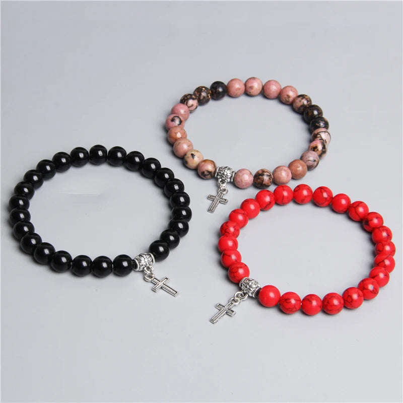Trendy Men Beads Bracelet Slivers Color Cross Pendant Bracelet Natural Stone Bracelets Charm for Women Healing Prayer Jewelry