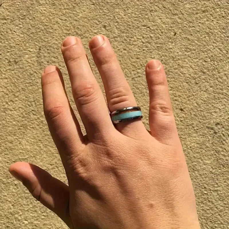 Fashion 8mm Men Stainless Steel Rings Inlay Blue Faux turquoise Wood Rings For Men Women Wedding Engagement Band Jewelry Gift
